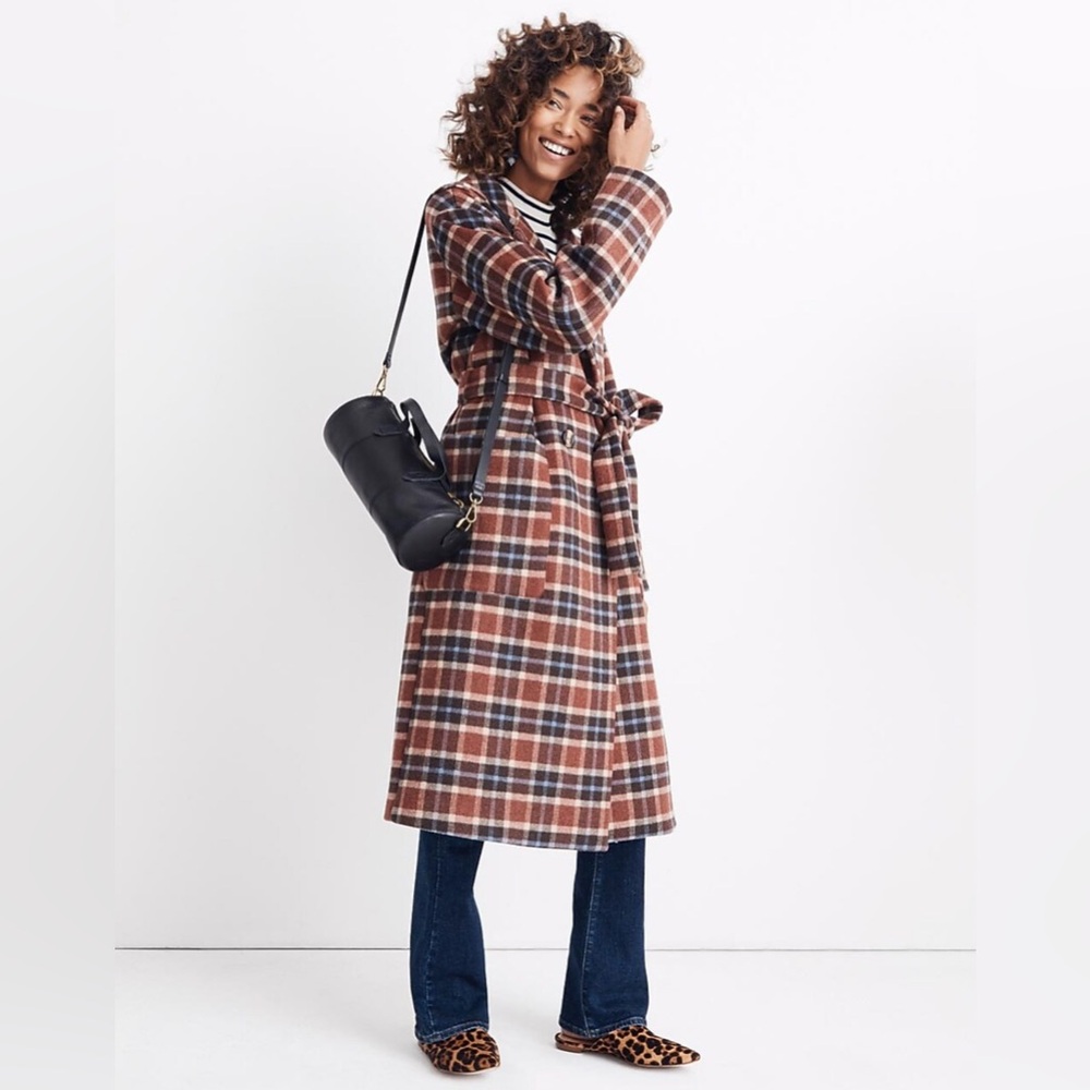 Madewell Plaid Long Belted Coat | Size XS | Excellent Condition